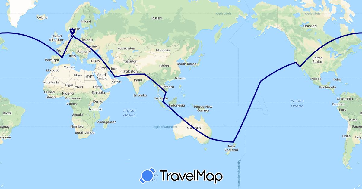 TravelMap itinerary: driving in United Arab Emirates, Australia, Denmark, Spain, Nepal, New Zealand, Singapore, United States, Vietnam (Asia, Europe, North America, Oceania)